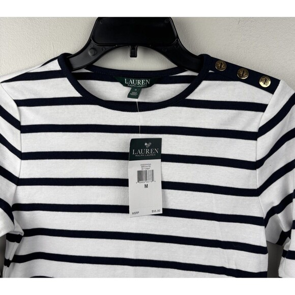 NWT Lauren Ralph Lauren Shirt Womens Med Navy White Striped  Gold Button Accents - Picture 1 of 7